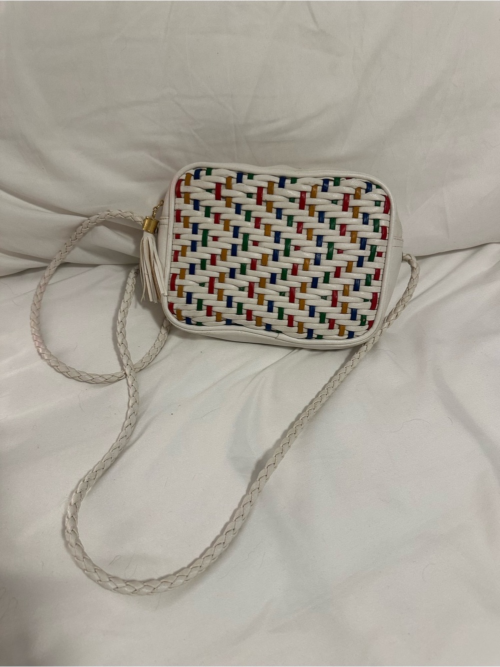 Vintage White Crossbody Shoulder Bag with Multicolor Woven Detail